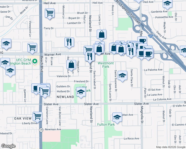 map of restaurants, bars, coffee shops, grocery stores, and more near 8542 La Casita Avenue in Fountain Valley