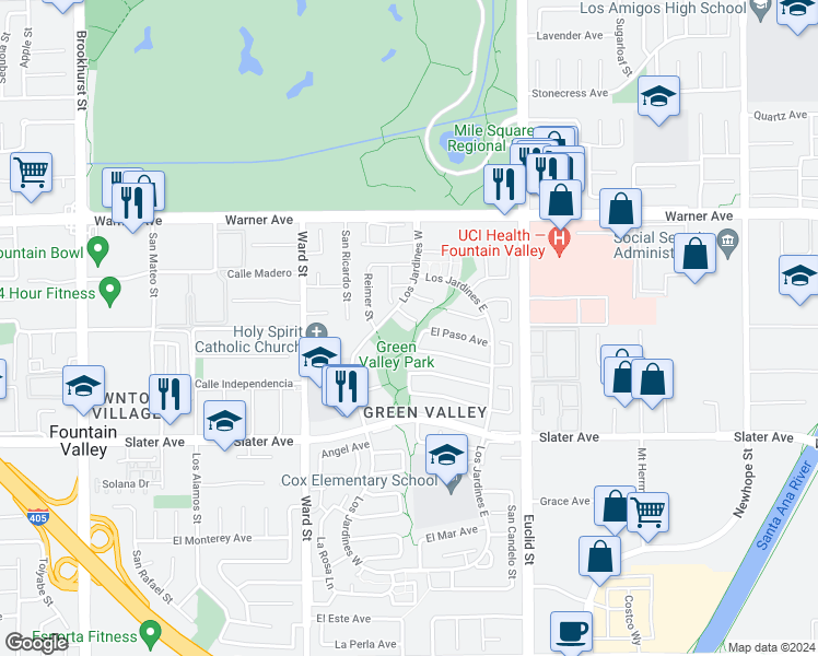 map of restaurants, bars, coffee shops, grocery stores, and more near 10754 El Rubi Circle in Fountain Valley