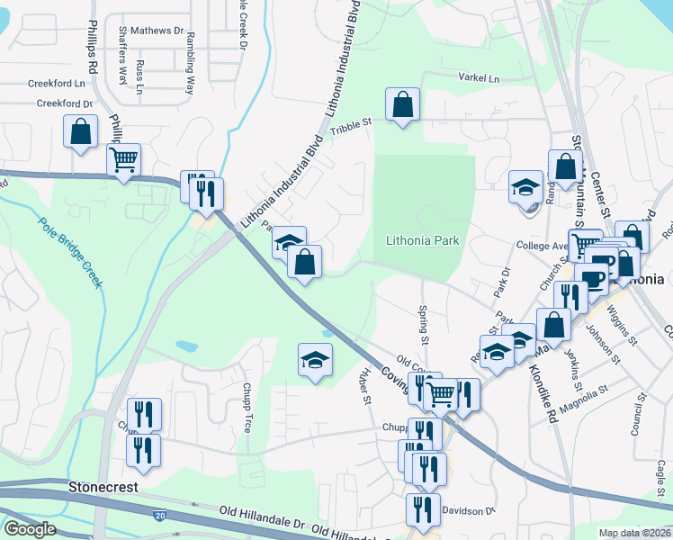 map of restaurants, bars, coffee shops, grocery stores, and more near 2868 Parkway Close in Lithonia