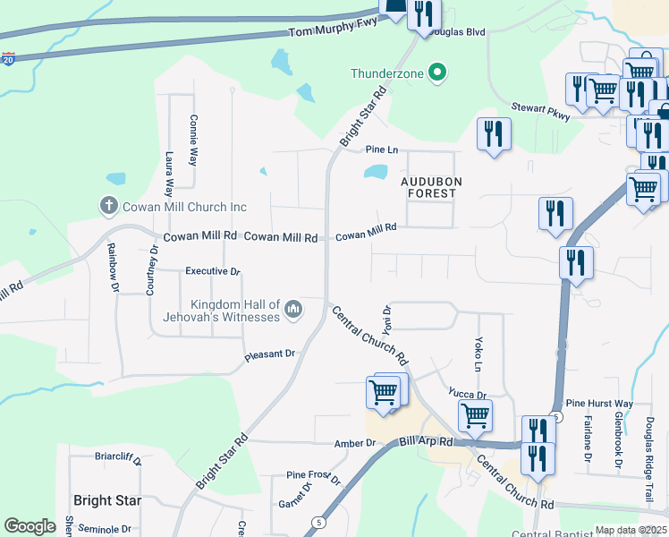 map of restaurants, bars, coffee shops, grocery stores, and more near 3422 Bright Star Road in Douglasville