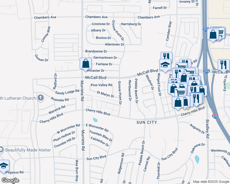 map of restaurants, bars, coffee shops, grocery stores, and more near 26290 Pine Valley Road in Menifee