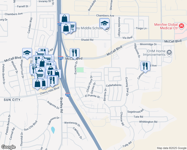 map of restaurants, bars, coffee shops, grocery stores, and more near 27296 El Cajon Lane in Menifee