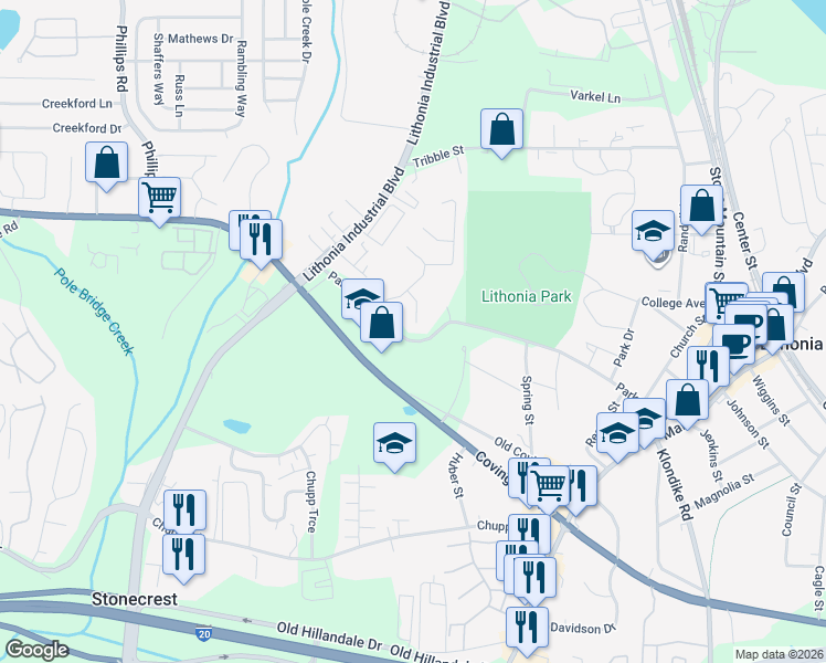 map of restaurants, bars, coffee shops, grocery stores, and more near 2868 Parkway Close in Lithonia