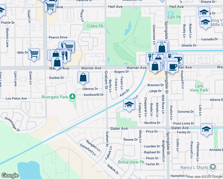map of restaurants, bars, coffee shops, grocery stores, and more near 17172 Berlin Lane in Huntington Beach