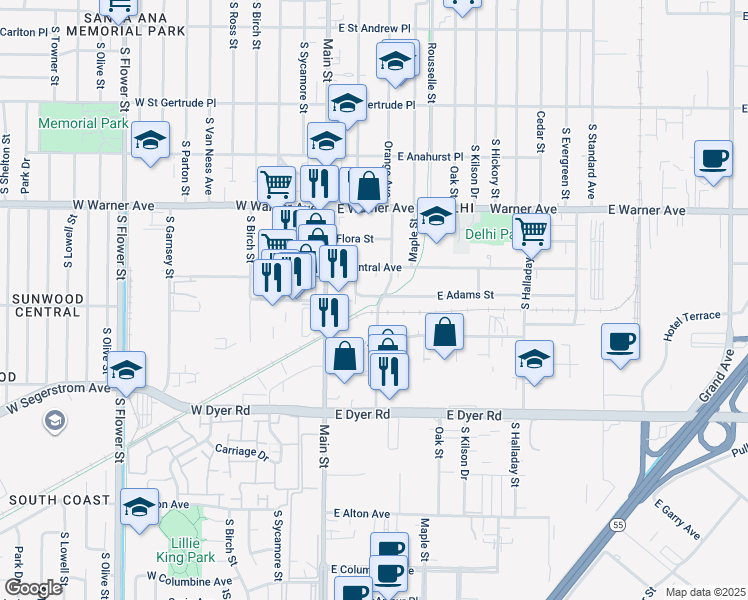 map of restaurants, bars, coffee shops, grocery stores, and more near 212 East Adams Street in Santa Ana