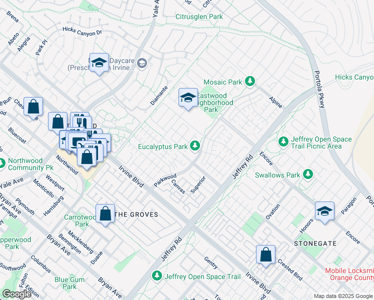 map of restaurants, bars, coffee shops, grocery stores, and more near 124 Alumroot in Irvine