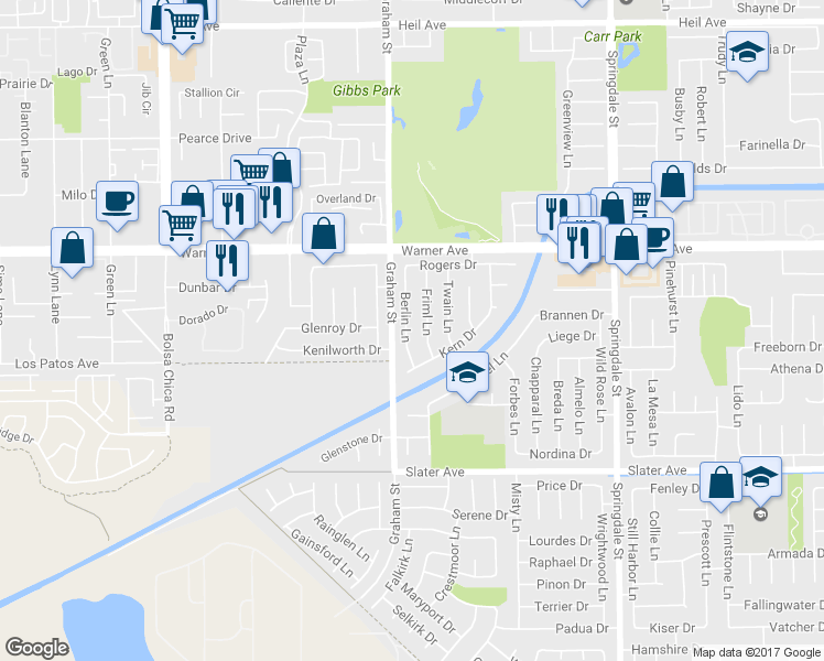 map of restaurants, bars, coffee shops, grocery stores, and more near 17172 Berlin Lane in Huntington Beach