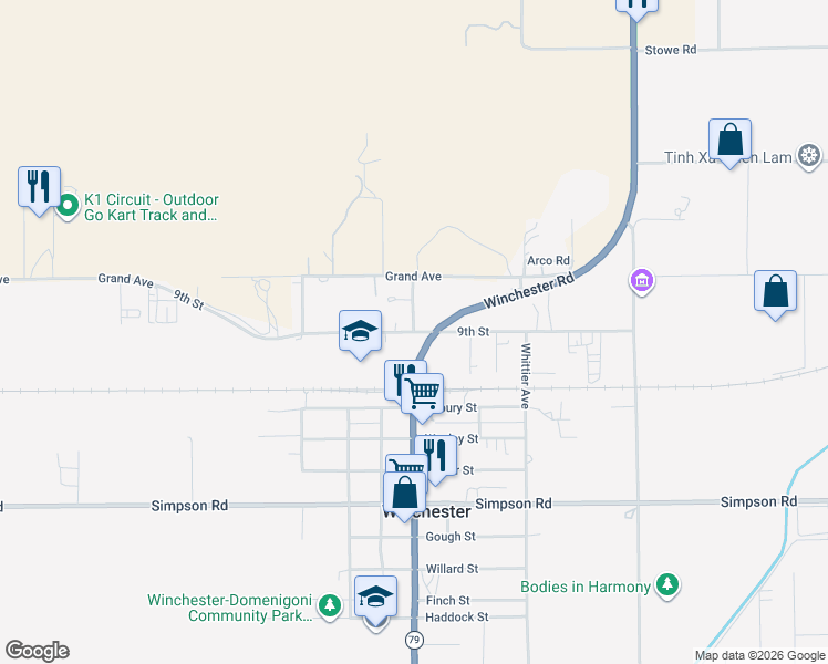 map of restaurants, bars, coffee shops, grocery stores, and more near 9th Street in Winchester
