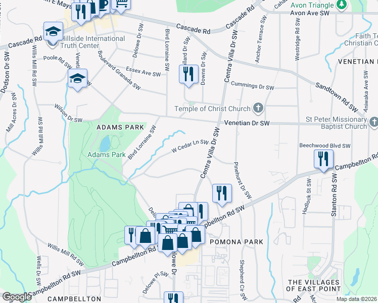 map of restaurants, bars, coffee shops, grocery stores, and more near 2080 West Cedar Lane Southwest in Atlanta