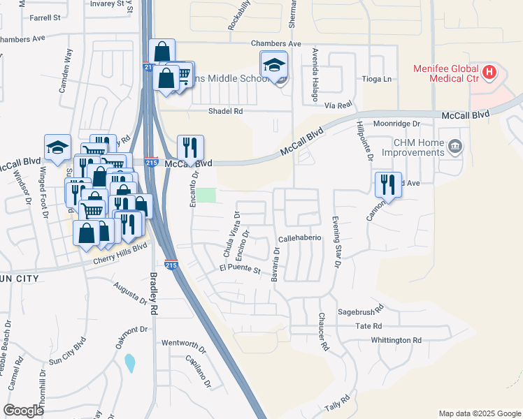 map of restaurants, bars, coffee shops, grocery stores, and more near 27368 El Cajon Lane in Menifee