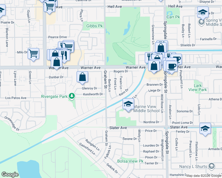 map of restaurants, bars, coffee shops, grocery stores, and more near 17172 Berlin Lane in Huntington Beach