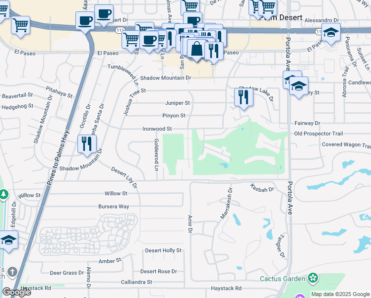 map of restaurants, bars, coffee shops, grocery stores, and more near 46205 Burroweed Lane in Palm Desert