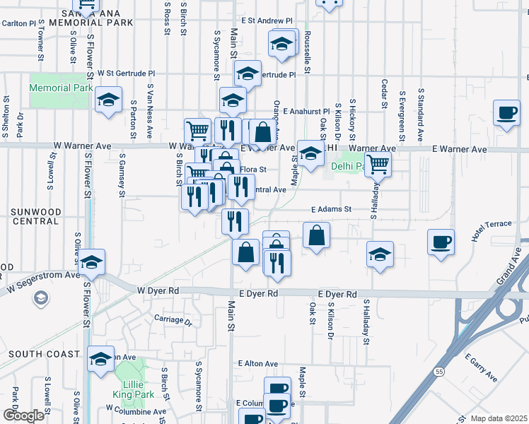 map of restaurants, bars, coffee shops, grocery stores, and more near 212 East Adams Street in Santa Ana