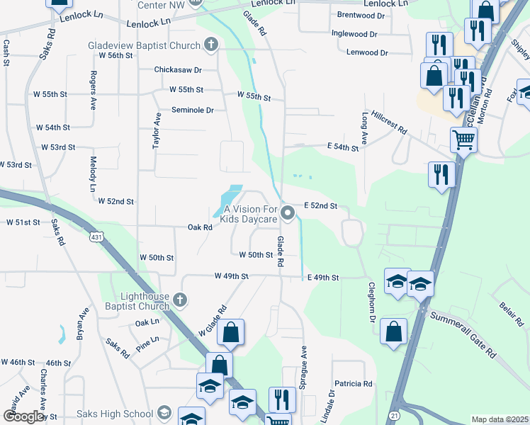 map of restaurants, bars, coffee shops, grocery stores, and more near 5108 Shane Drive in Anniston