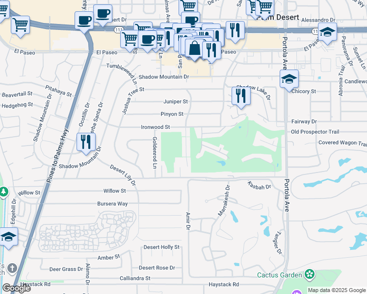 map of restaurants, bars, coffee shops, grocery stores, and more near 46205 Burroweed Lane in Palm Desert