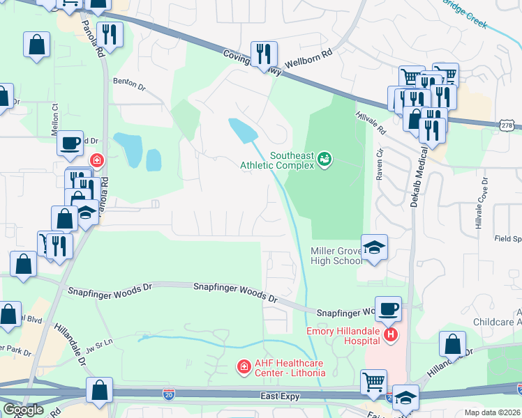 map of restaurants, bars, coffee shops, grocery stores, and more near 2531 Willenhall Way in Lithonia