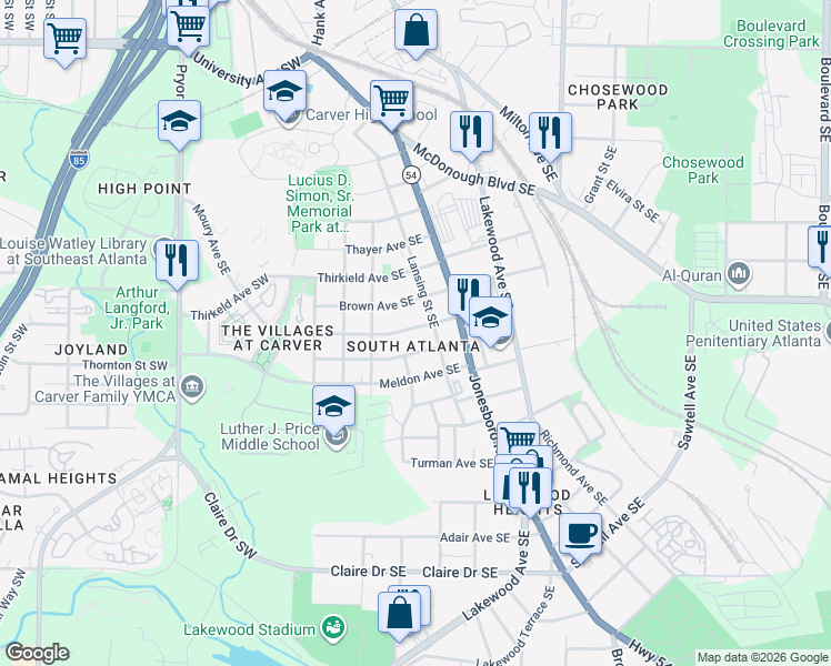 map of restaurants, bars, coffee shops, grocery stores, and more near 32 Moury Avenue Southeast in Atlanta