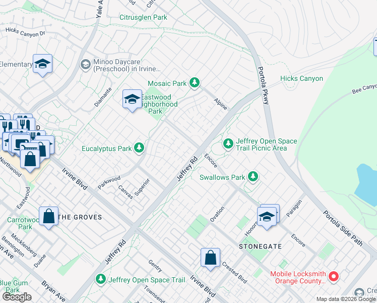 map of restaurants, bars, coffee shops, grocery stores, and more near 58 Tollson in Irvine