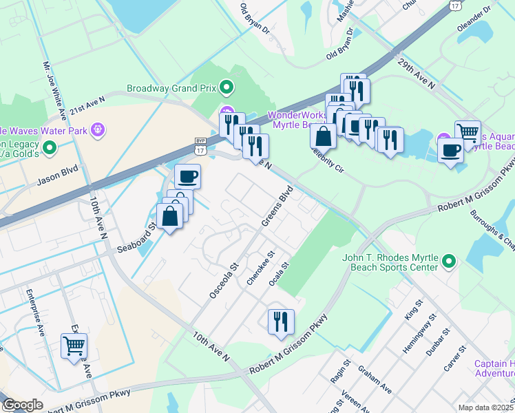 map of restaurants, bars, coffee shops, grocery stores, and more near 415 Chesterfield Court in Myrtle Beach