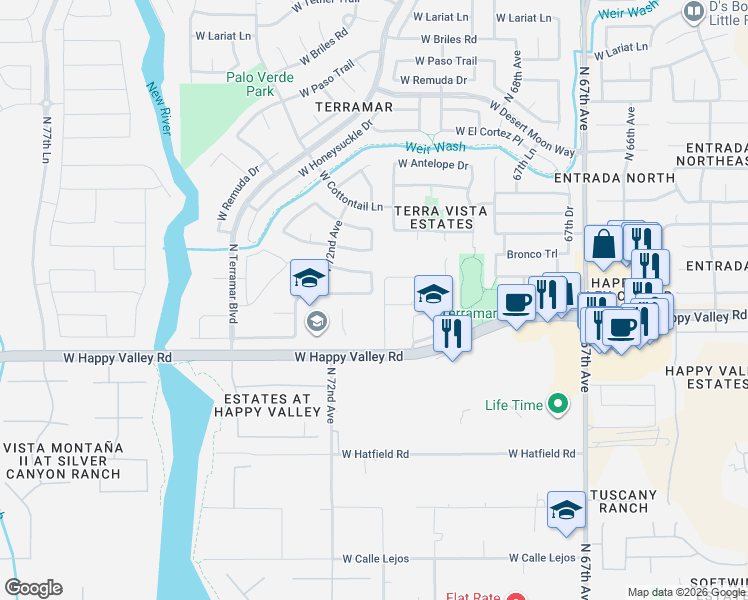 map of restaurants, bars, coffee shops, grocery stores, and more near 7119 West Buckskin Trail in Peoria