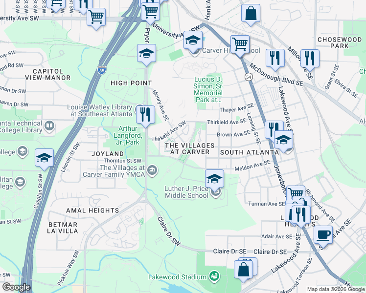 map of restaurants, bars, coffee shops, grocery stores, and more near 174 Moury Avenue Southeast in Atlanta
