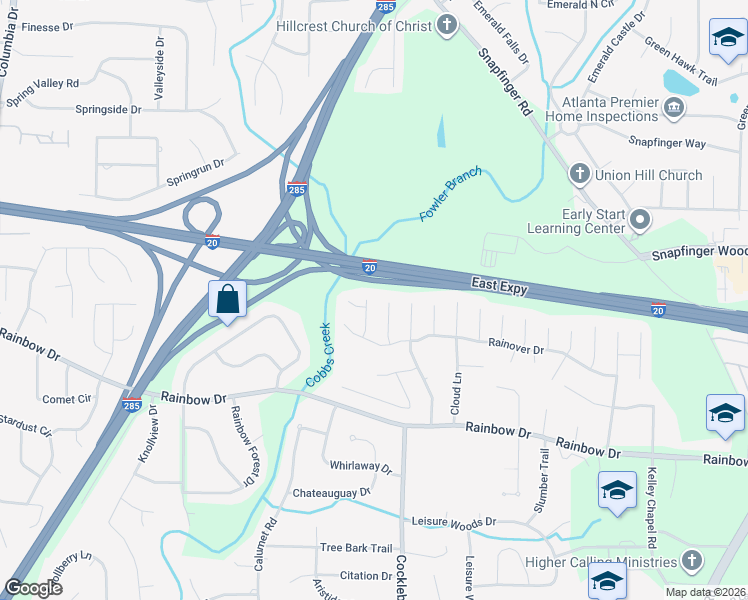 map of restaurants, bars, coffee shops, grocery stores, and more near 2550 Rainshower Drive in Decatur