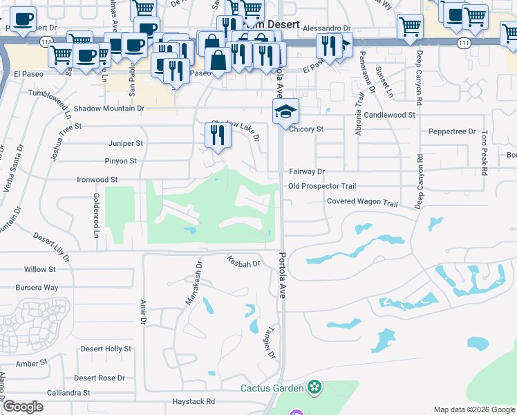 map of restaurants, bars, coffee shops, grocery stores, and more near 73905 Flagstone Lane in Palm Desert