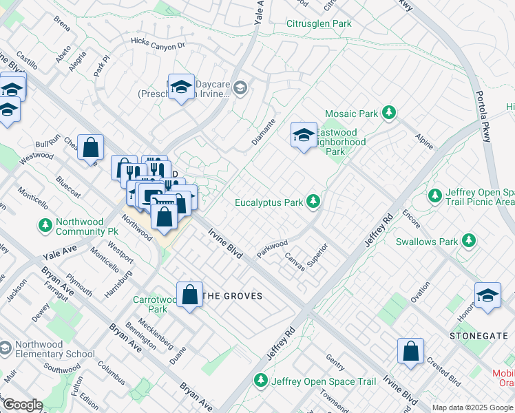 map of restaurants, bars, coffee shops, grocery stores, and more near 122 Rotunda in Irvine
