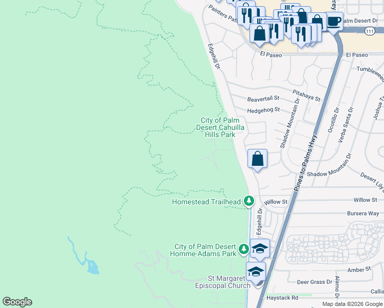 map of restaurants, bars, coffee shops, grocery stores, and more near 46211 Edgehill Drive in Palm Desert