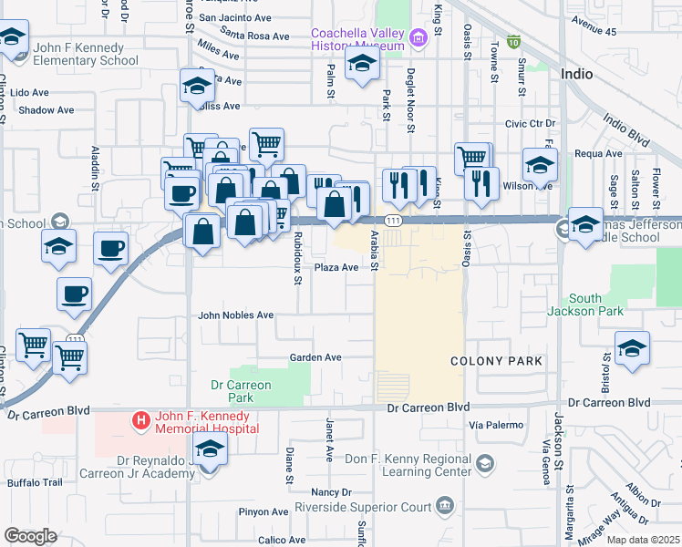 map of restaurants, bars, coffee shops, grocery stores, and more near 635 Plaza Avenue in Indio