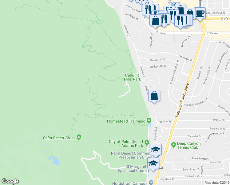 map of restaurants, bars, coffee shops, grocery stores, and more near 46211 Edgehill Drive in Palm Desert