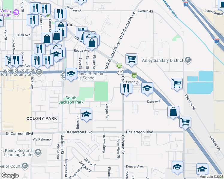 map of restaurants, bars, coffee shops, grocery stores, and more near 7 Gemini Street in Indio