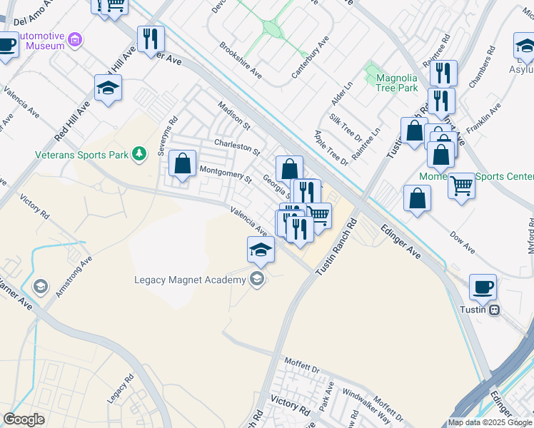 map of restaurants, bars, coffee shops, grocery stores, and more near 15236 Cambridge Street in Tustin