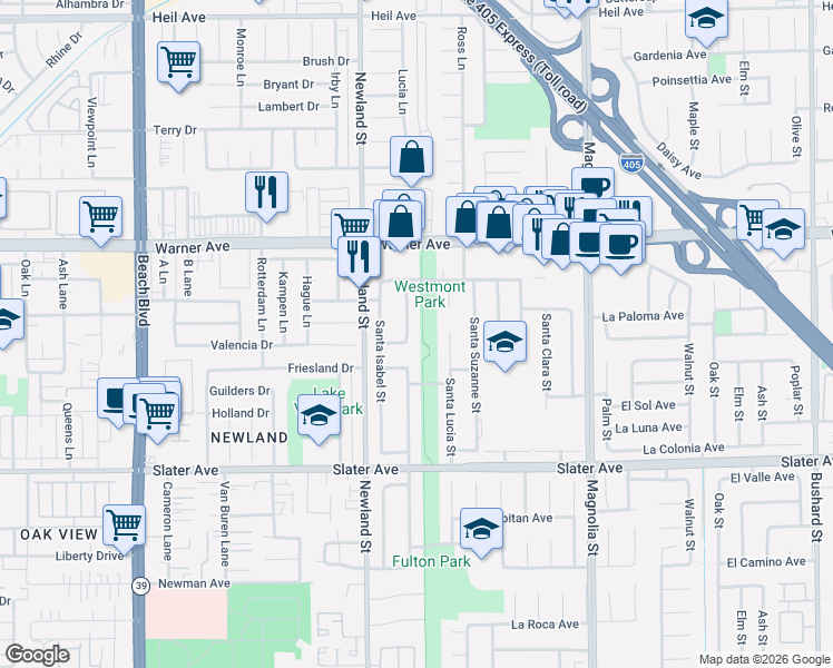 map of restaurants, bars, coffee shops, grocery stores, and more near 17202 Santa Rita Street in Fountain Valley