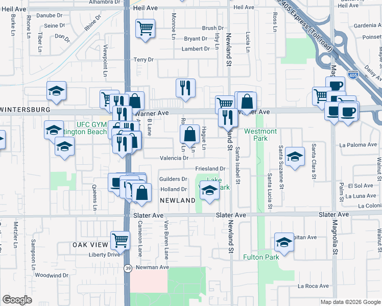 map of restaurants, bars, coffee shops, grocery stores, and more near 17202 Rotterdam Lane in Huntington Beach