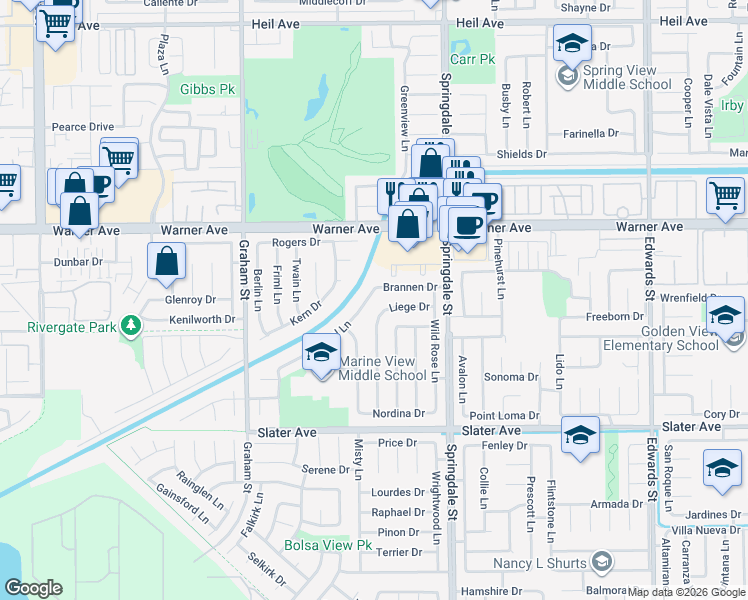 map of restaurants, bars, coffee shops, grocery stores, and more near 17192 Apel Lane in Huntington Beach