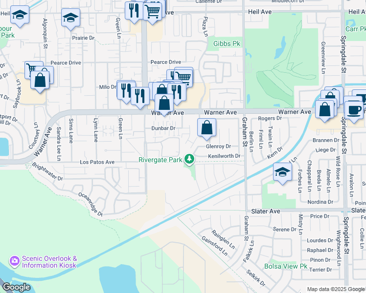 map of restaurants, bars, coffee shops, grocery stores, and more near 17202 Corbina Lane in Huntington Beach