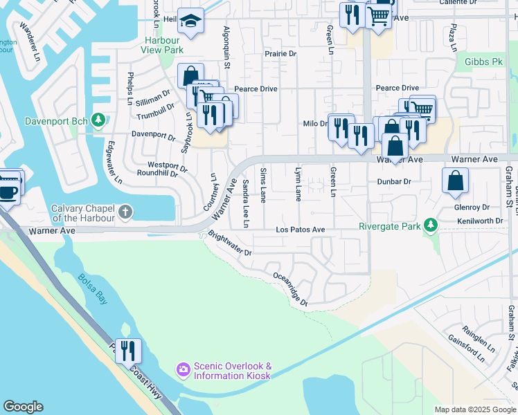 map of restaurants, bars, coffee shops, grocery stores, and more near 17182 Sandra Lee Lane in Huntington Beach