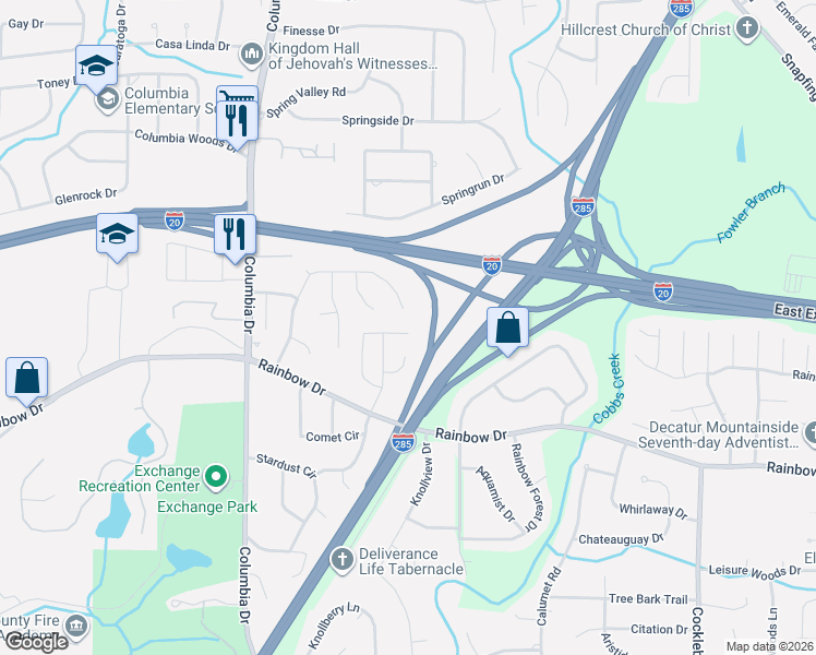 map of restaurants, bars, coffee shops, grocery stores, and more near 3525 Kingsbrooke Way in Decatur