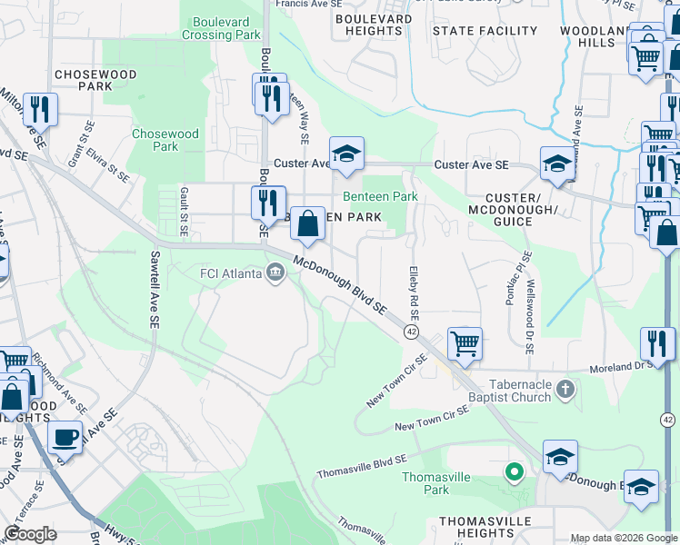 map of restaurants, bars, coffee shops, grocery stores, and more near 690 McDonough Boulevard Southeast in Atlanta