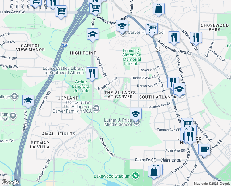 map of restaurants, bars, coffee shops, grocery stores, and more near 174 Moury Avenue Southeast in Atlanta