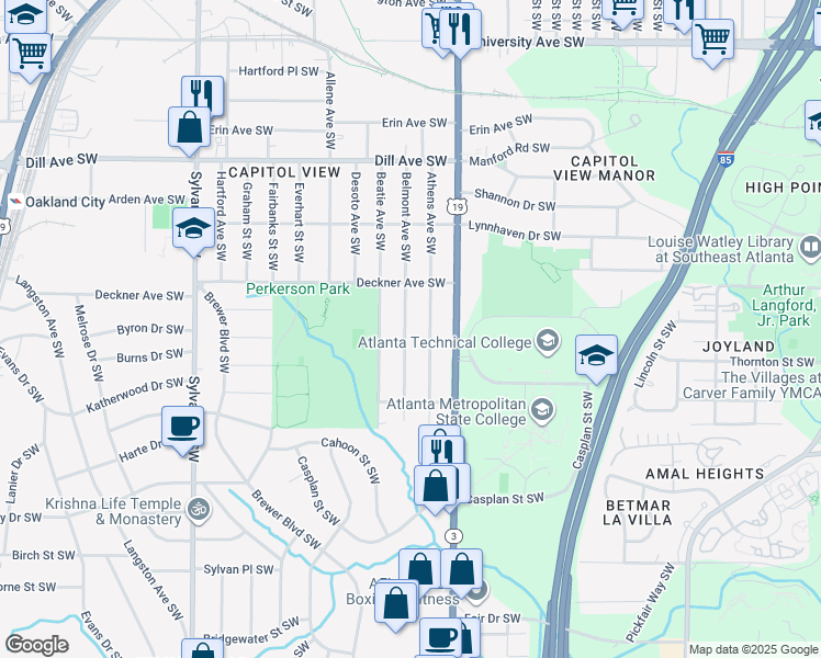 map of restaurants, bars, coffee shops, grocery stores, and more near 1558 Belmont Avenue Southwest in Atlanta