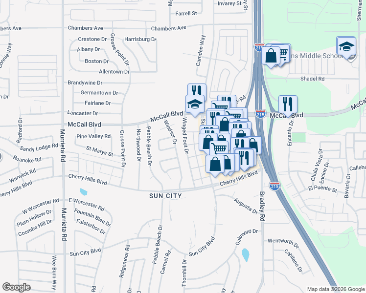 map of restaurants, bars, coffee shops, grocery stores, and more near 28091 Winged Foot Drive in Menifee