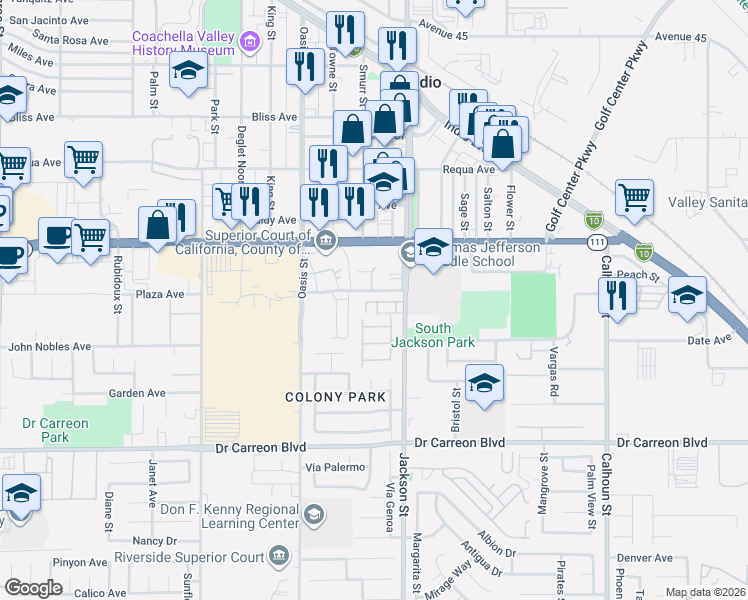 map of restaurants, bars, coffee shops, grocery stores, and more near 46211 Jackson Street in Indio