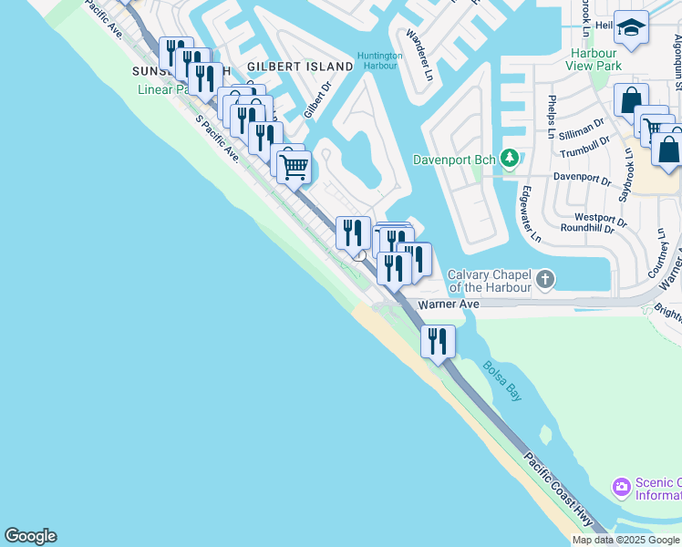 map of restaurants, bars, coffee shops, grocery stores, and more near 17121 South Pacific Avenue in Huntington Beach
