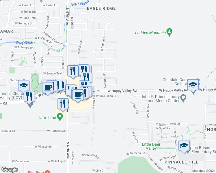 map of restaurants, bars, coffee shops, grocery stores, and more near 6345 West Buckskin Trail in Phoenix