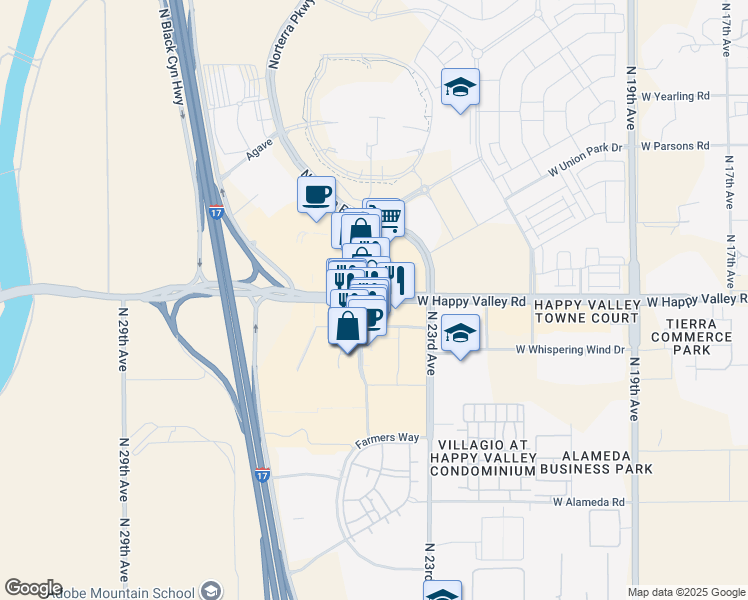map of restaurants, bars, coffee shops, grocery stores, and more near West Happy Valley Road in Phoenix