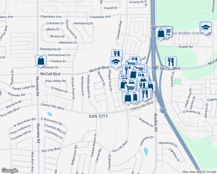 map of restaurants, bars, coffee shops, grocery stores, and more near 28091 Winged Foot Drive in Menifee