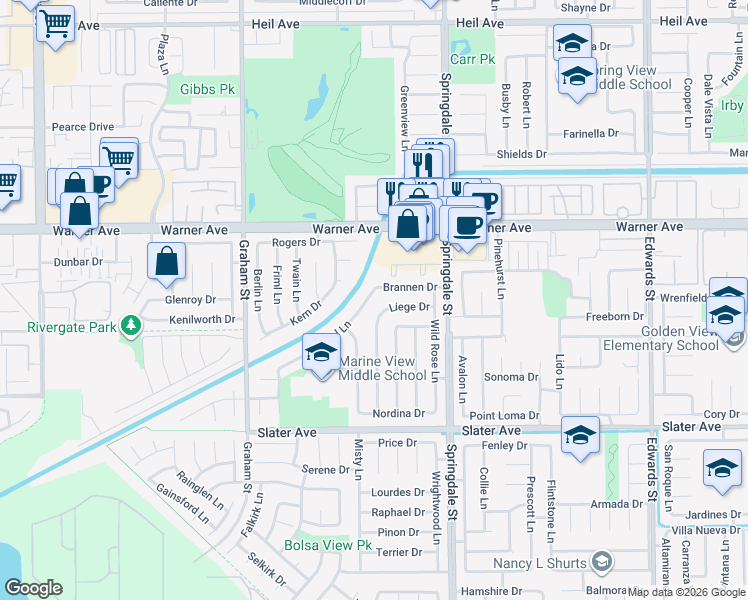 map of restaurants, bars, coffee shops, grocery stores, and more near 17192 Apel Lane in Huntington Beach