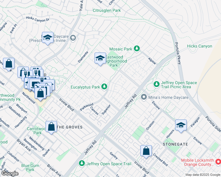 map of restaurants, bars, coffee shops, grocery stores, and more near 72 Parkwood in Irvine
